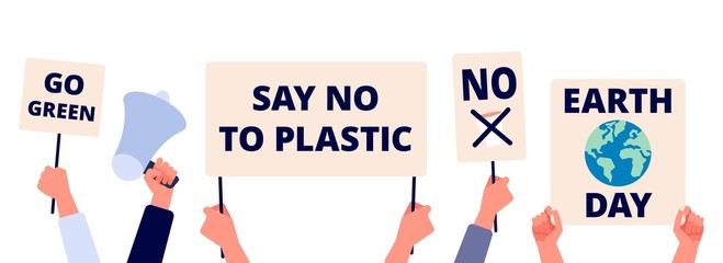 Save environment. Earth day, go green and eco world. Hands hold ecology posters, saving planet banners. Global nature activism and volunteering vector concept. Protest save ecology, holding banner