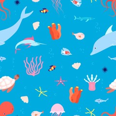 Fototapeta na wymiar Sea animal pattern. marine life baby background. Cute cartoon octopus jellyfish fish. Ocean or aquarium illustration. Wild nature life vector seamless texture. Jellyfish and octopus seamless marine