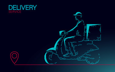 Scooter delivery box courier. Ride road food shipping mobile app order. Package quarantine thermal bag backpack dinner meal. Fast delivery concept vector illustration