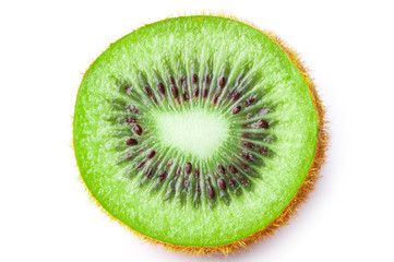 Half kiwi on a white background. Hairy fresh fruit.