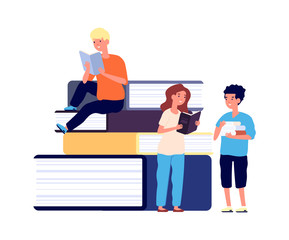 Kids reading. School children with books. Girl and boy, little students learning. Huge book and readers, education or library vector illustration. Children education on pile textbook, read books