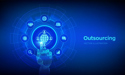 Outsourcing and HR. Social network and global recruitment. Global Recruitment Business and internet concept on virtual screen. Robotic hand touching digital interface. Vector illustration.