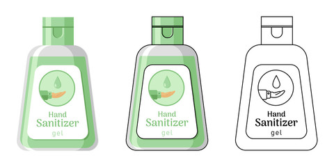 Green hand sanitizer gel flat vector illustration. Set of three illustrations in different styles.