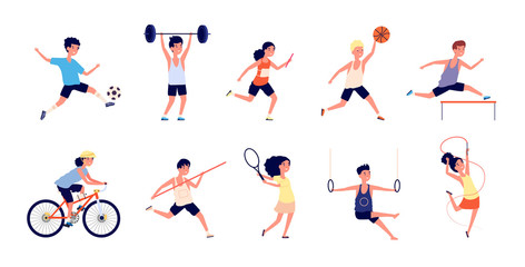 Fototapeta na wymiar Sport children. Cartoon dance girls. Child with basketball ball, playing soccer raises barbell. Young healthy childhood vector illustration. Basketball and football, boy and girl activity with ball