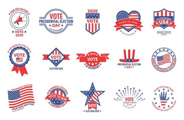 Election badges. Political campaign, usa presidential day vote. American flag patriotic voter stickers. Voting for president vector banners. Usa political vote, election american illustration