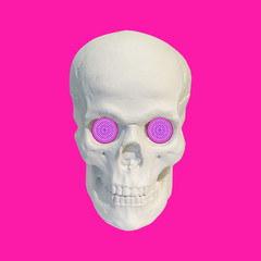 Modern art collage. Sculpture of a skull on a pink background. The concept of the crown virus. Coronavirus outbreak. World pandemic