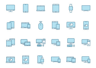 Smart devices lineal blue vector icons isolated on white background. Smart devices technology flat icons for web, mobile and ui design. Smartphone, laptop, smart watch, pc and tablet