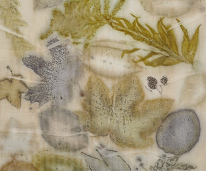 Fragment of hand-dyed fabric using eco-print technique