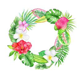 watercolor illustration of a wreath with tropical flowers and leaves