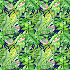 watercolor seamless pattern on a dark blue background with tropical leaves