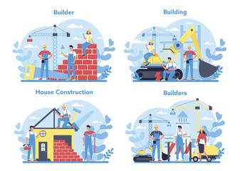 House building concept. Workers constructing home with tools