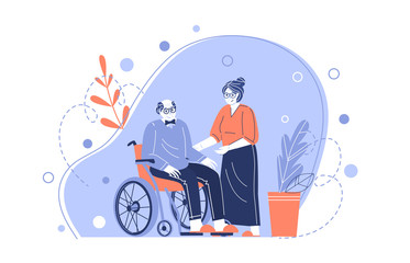 The characters of an old couple. Grandmother takes care of an elderly grandfather in a wheelchair. Helping the elderly. Taking care of pensioners.