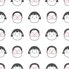 Outline kawaii black Avatars. Men and Women. Various Haircuts. Minimalistic Icons. Graphic Vector Seamless pattern. Cartoon Asian style. Simple cute design. White background. Wallpaper