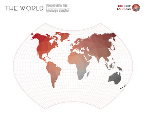 Low poly world map. Ginzburg IX projection of the world. Red Grey colored polygons. Amazing vector illustration.