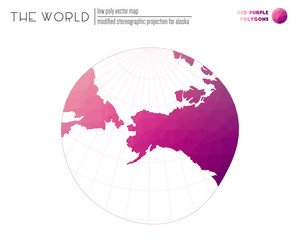 World map with vibrant triangles. Modified stereographic projection for Alaska of the world. Red Purple colored polygons. Creative vector illustration.