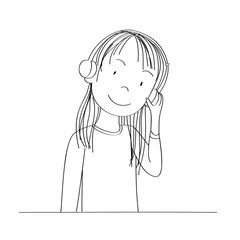 Happy young teenage girl listening to music with headphones on her ears, smiling happily - original hand drawn illustration