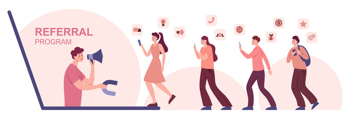 Referral program concept. Man advertising a program and magnet