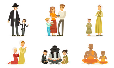 People of Different Religions Collection, Happy Families in Traditional Clothes Praying and Reading Religious Books Vector Illustration
