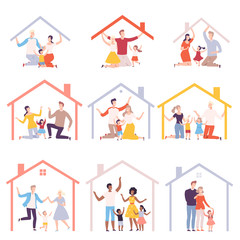 Collection of Smiling Parents and Their Kids at Home, House Frames with Happy Families Inside Vector Illustration