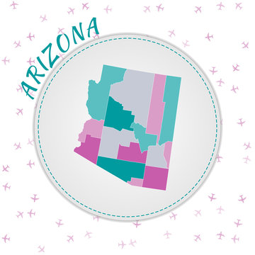 Arizona map design. Map of the us state with regions in emerald-amethyst color palette. Rounded travel to Arizona poster with us state name and airplanes background. Awesome vector illustration.