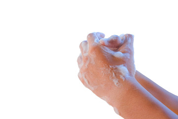Closeup of person washing hands Isolated on white background..Coronavirus Covid-19 concept.Hands washing with antibacterial soap sanitizer prevent the spread of germs and avoid infections Coronavirus.