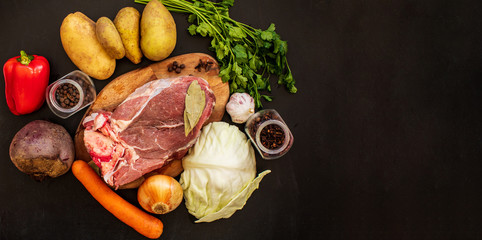 ingredients for borscht on the kitchen table. Homemade Russian, Ukrainian national soup - red borscht