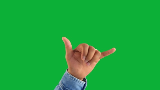 male hand in jeans shirt do a shaka hand gesture on green chromakey one click keying