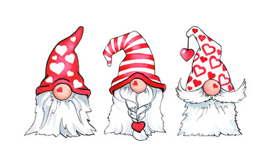 Cheerful dwarves in bright caps with a long gray beard with flowers and a heart, hand-drawn isolated on a white background, illustration of spring love. Love gnome illustration for print.