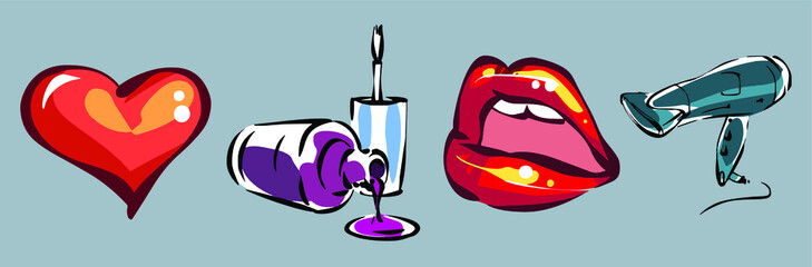 Vector cartoon set of different women's things and icons. Four color sketches.