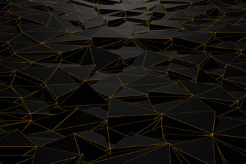 Abstract futuristic low poly background from black triangles with a luminous gold grid. Minimalist Black 3D rendering