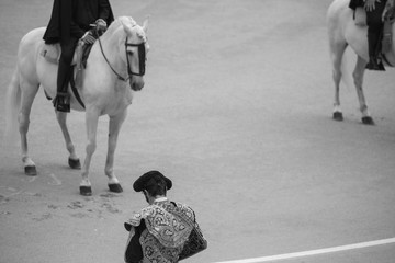 Un caballo espera el inicio de la corrida junto a un torero