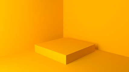 Orange-yellow rectangle cube podium stands in empty corner, orange toned 3d rendering illustration