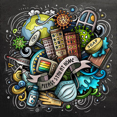 Cartoon vector doodles Please, Stay at Home illustration.