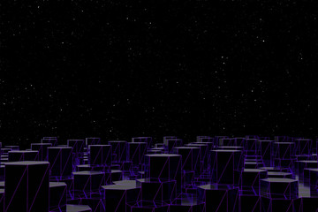 Abstract futuristic low poly background from black hexagons with luminous purple grid. Minimalist Black 3D rendering. concept night city and starry sky