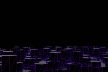 Abstract futuristic low poly background from black hexagons with a luminous purple grid. Minimalist Black 3D rendering