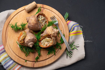 cooked  rapa whelk  with dill on a wooden round board
