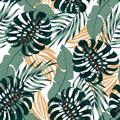 Abstract seamless tropical pattern with bright plants and leaves on a light background. Beautiful print with hand drawn exotic plants. Summer colorful hawaiian.