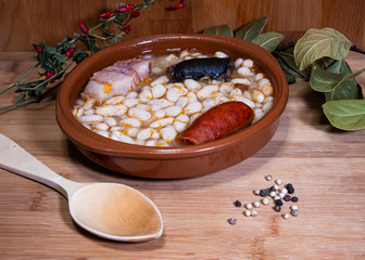Dish of traditional fabada with chorizo, morcilla and pork. One of the main plates of traditional...
