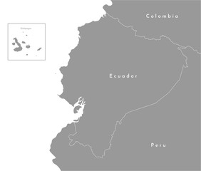 Vector illustration in gray color. Simplified political map with Ecuador in the center and borders with neighboring countries Peru and Colombia. White background of Pacific Ocean