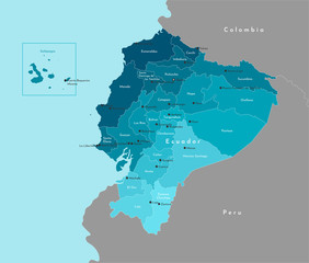 Vector modern illustration. Simplified administrative map of Ecuador and border with neighboring countries. Blue background of Pacific Ocean. Names of Ecuadorian cities and provinces.