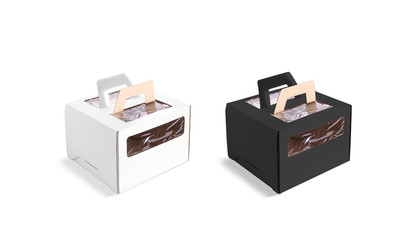 Blank black and white cardboard carry box mockup set, isolated