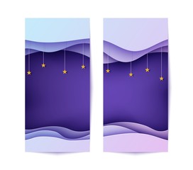 Set of banners with wave and night sky in paper cut style. Two 3d abstract flyers with gold stars on rope. Layered deep papercut background with wavy shape. Origami style vector card illustration.