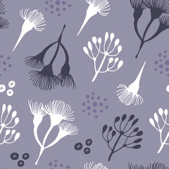 Flowers and branches seamless pattern, hand drawn vector floral background with flowers of eucalyptus