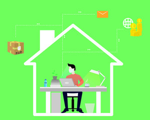 Young businessman in a medical mask working. Home office jobs in the fields of e commerce, communication, economics, business. The corona outbreak quarantine at home.