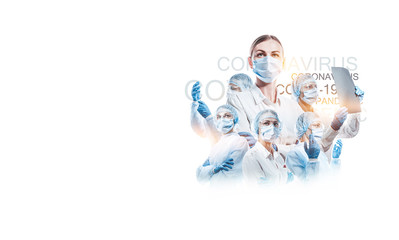 team of female doctors on a white background with place for text