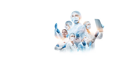 team of female doctors on a white background with place for text