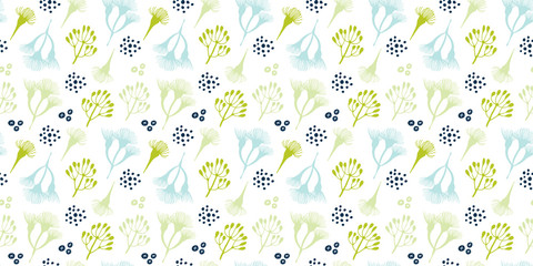 Flowers and branches seamless pattern, hand drawn vector floral background with flowers of eucalyptus