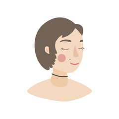 Face of a young pretty woman with short hair. Portrait illustration for card, poster, modern design. Feminism, international women´s day, mother's day concepts. Flat. Vector stock illustration.