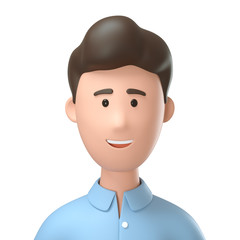 Close up portrait of smiling man in blue shirt. 3D illustration of cartoon businessman character isolated on white background.