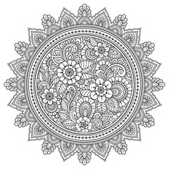 Circular pattern in form of mandala with flower for Henna, Mehndi, tattoo, decoration. Decorative ornament in ethnic oriental style. Outline doodle hand draw vector illustration.